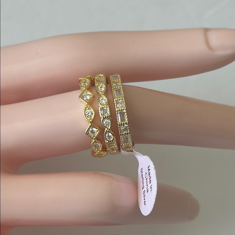 Set of 3 Stacking Rings Gold Plated 925 Sterling Silver Rings CZ Sones Sz. 8